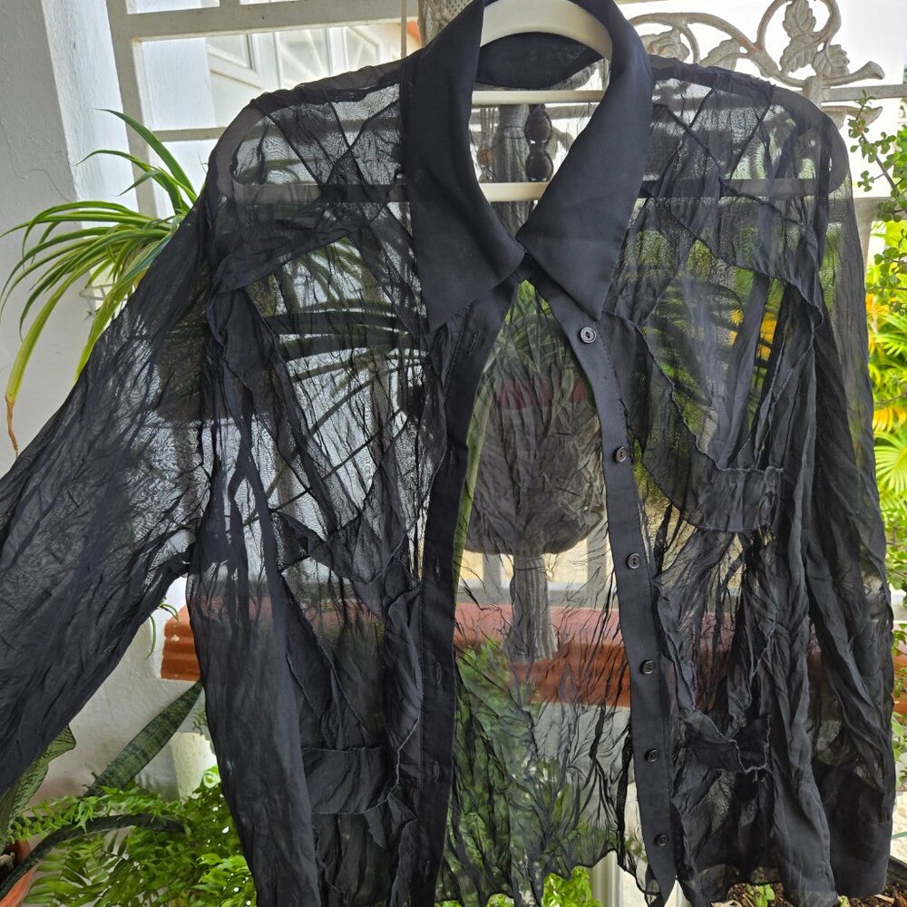Black Sheer Button Down Shirt 2XL – Criss Cross Appliqué, Oversized Mesh Blouse